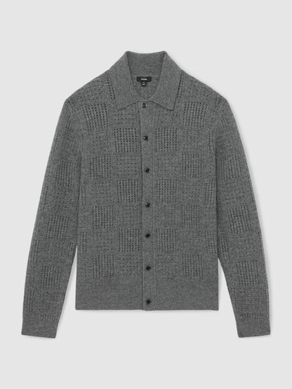 Wool Button Through Pointelle Shirt in Mid Grey Men | Reiss