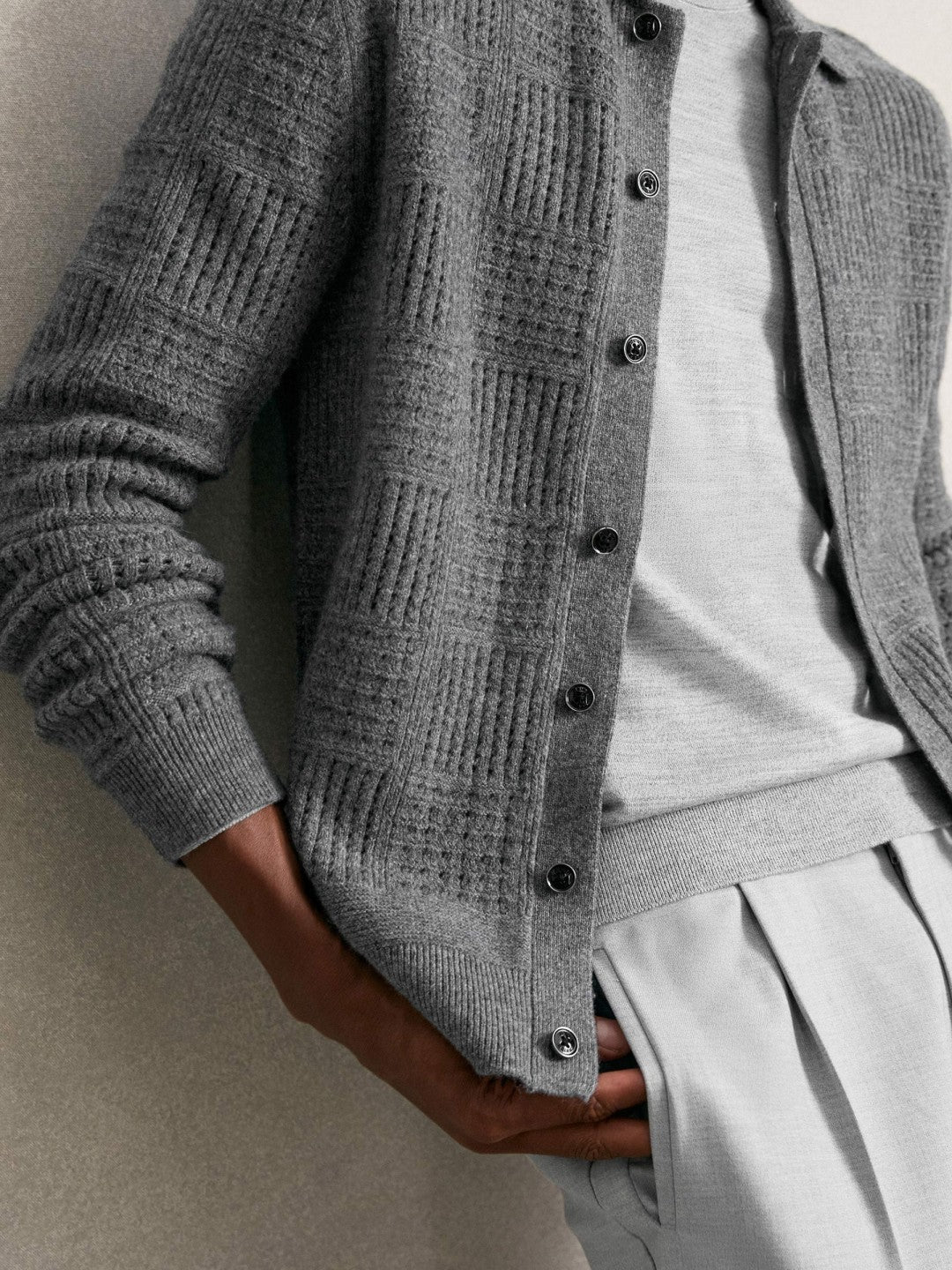 Wool Button Through Pointelle Shirt in Mid Grey Men | Reiss