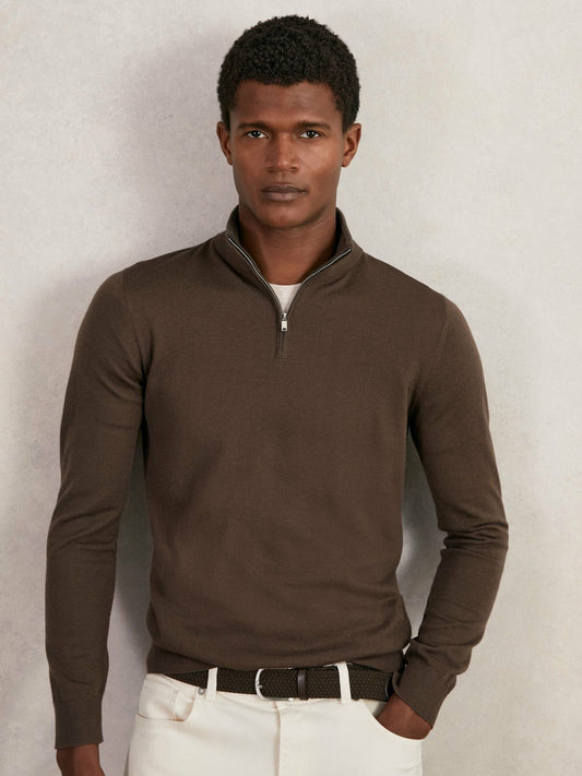 Merino Wool Half-Zip Jumper in Chocolate Brown Men | Reiss