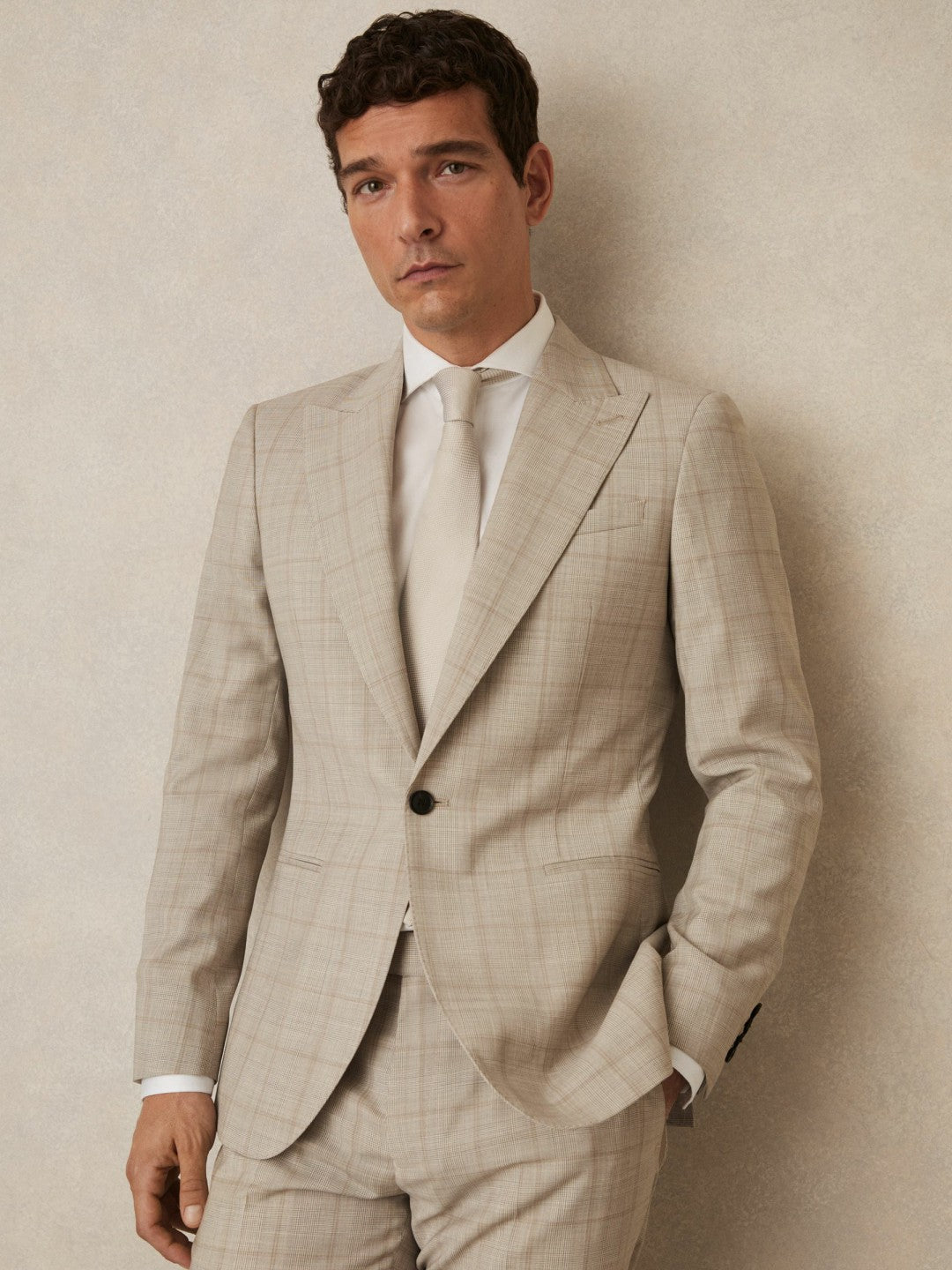 Slim-Fit Single-Breasted Wool Check Suit Blazer in Oatmeal Brown Men | Reiss