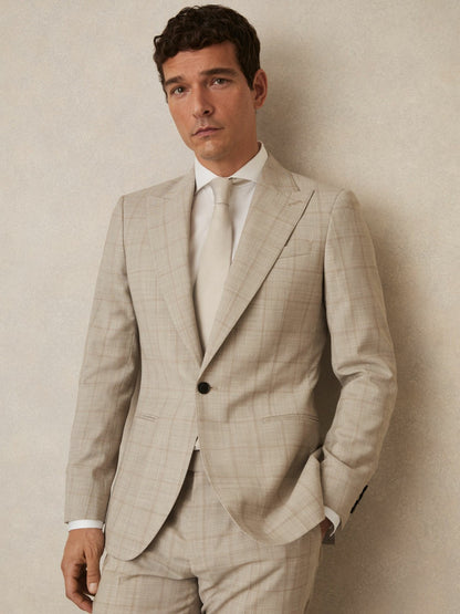 Slim-Fit Single-Breasted Wool Check Suit Blazer in Oatmeal Brown Men | Reiss