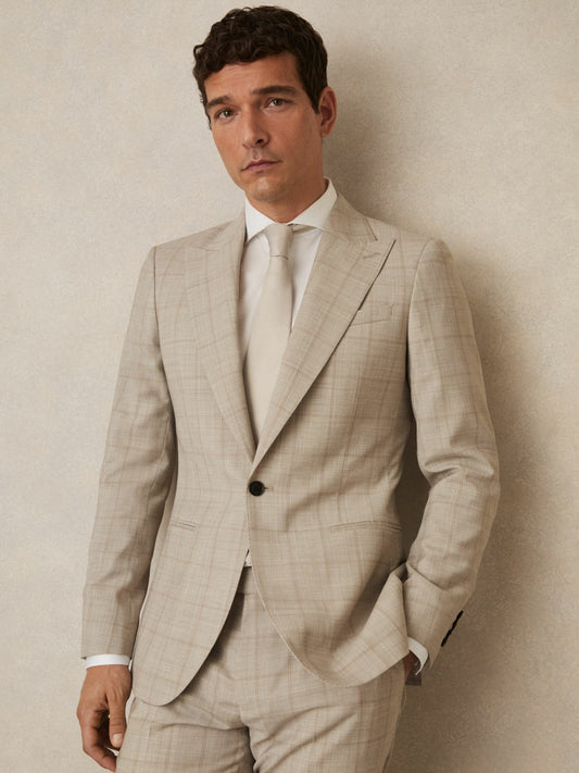 Slim-Fit Single-Breasted Wool Check Suit Blazer in Oatmeal Brown Men | Reiss