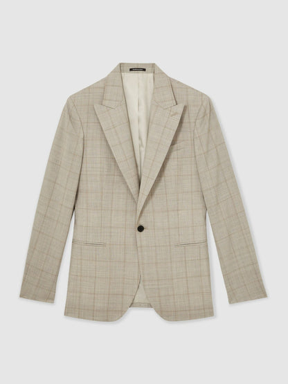 Slim-Fit Single-Breasted Wool Check Suit Blazer in Oatmeal Brown Men | Reiss