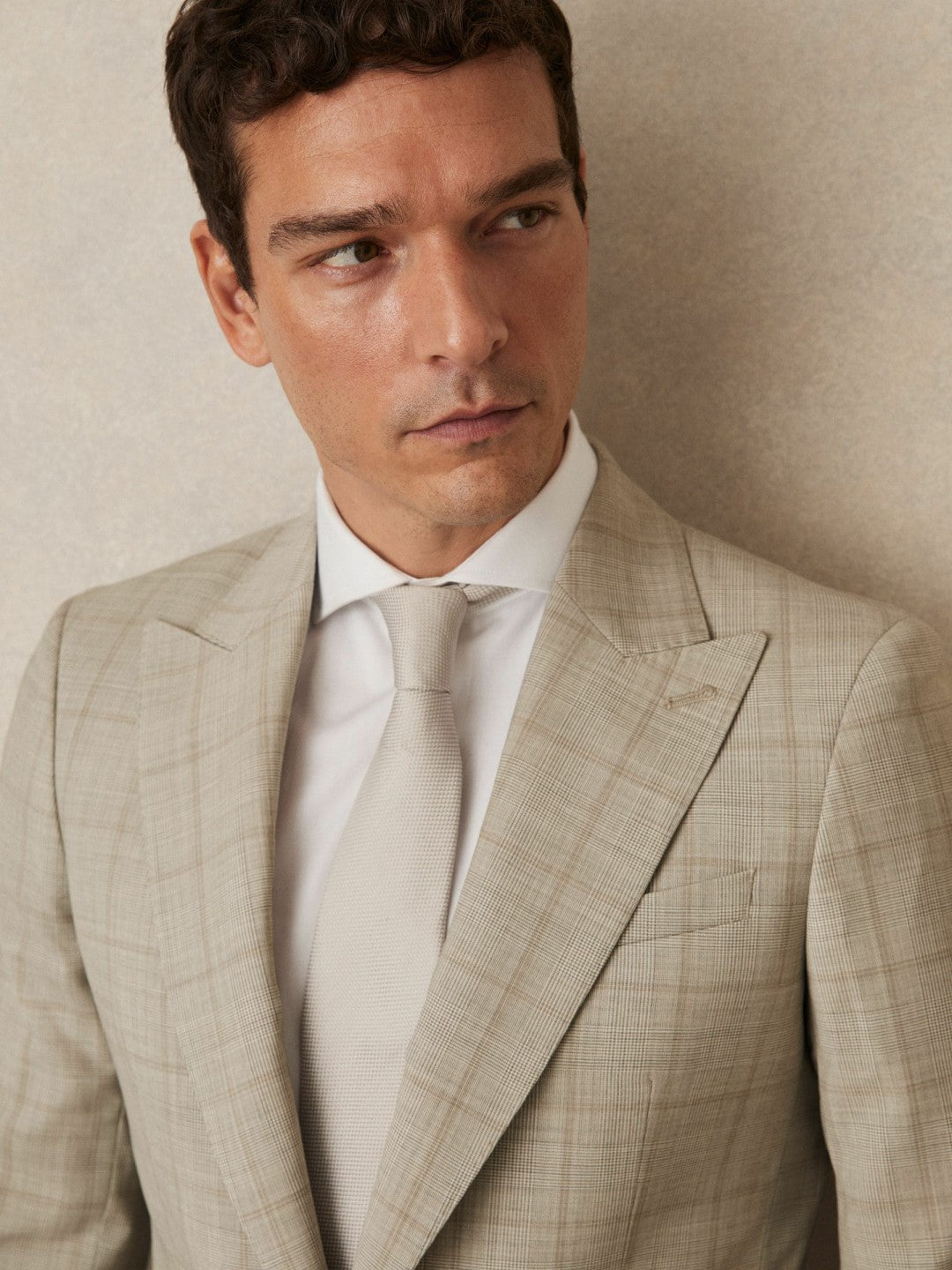 Slim-Fit Single-Breasted Wool Check Suit Blazer in Oatmeal Brown Men | Reiss
