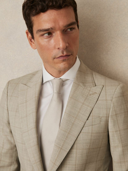 Slim-Fit Single-Breasted Wool Check Suit Blazer in Oatmeal Brown Men | Reiss