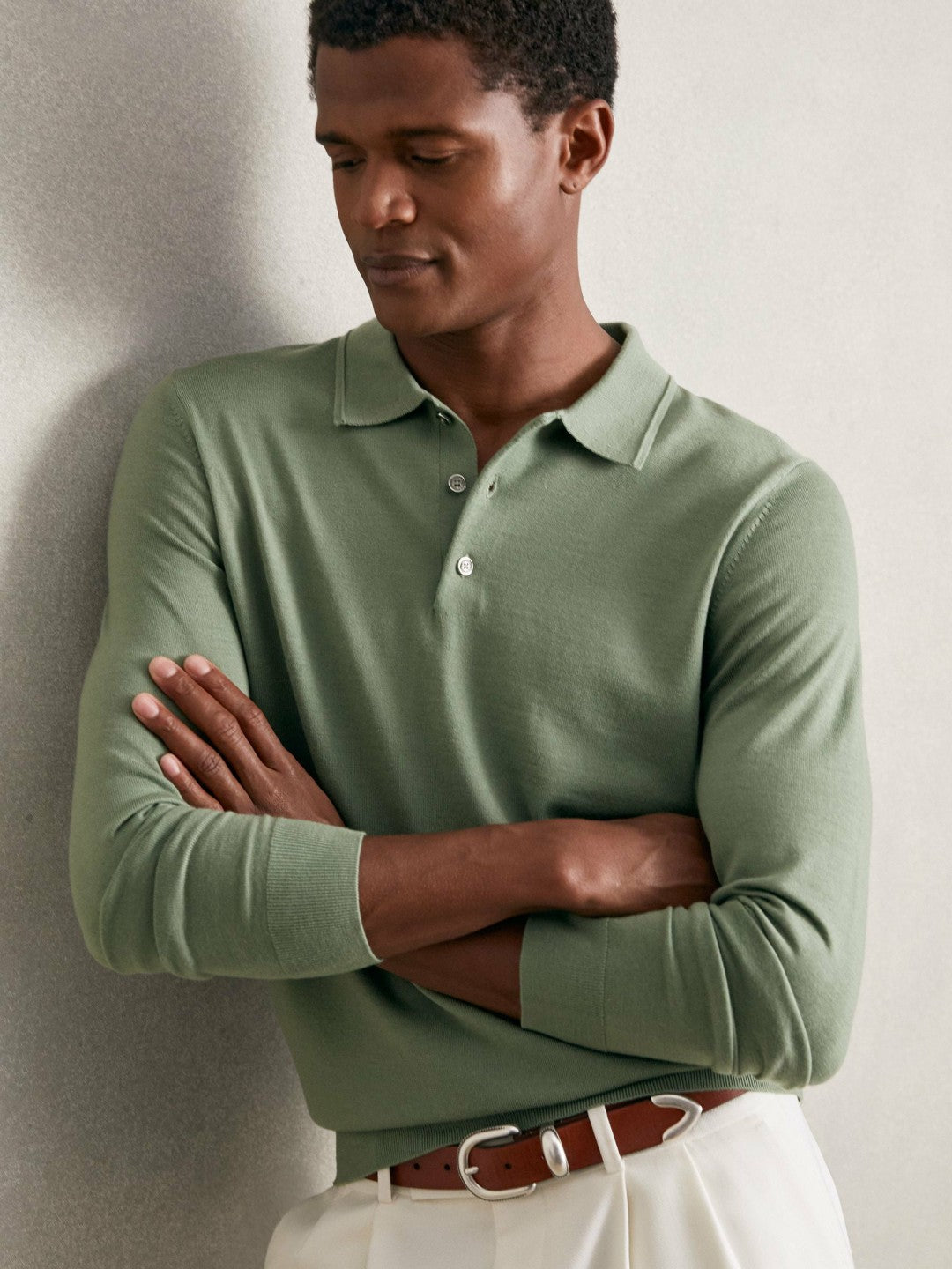 Merino Wool Long-Sleeve Polo Shirt in Harper Green Men | Reiss