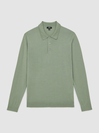 Merino Wool Long-Sleeve Polo Shirt in Harper Green Men | Reiss