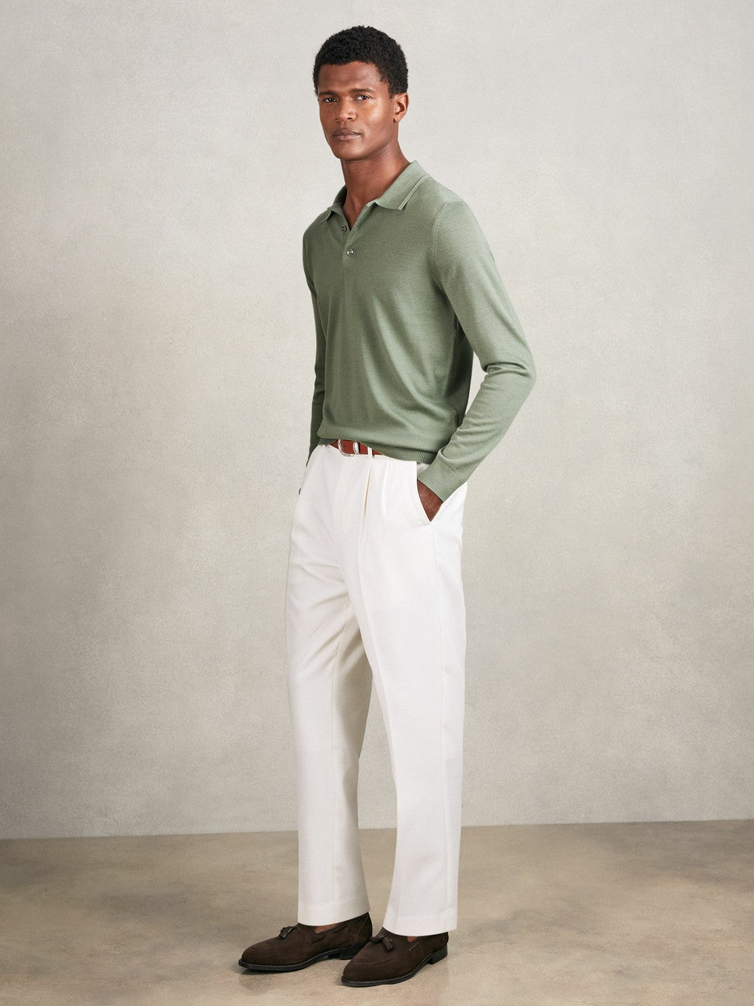 Merino Wool Long-Sleeve Polo Shirt in Harper Green Men | Reiss