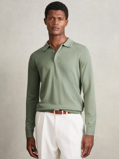 Merino Wool Long-Sleeve Polo Shirt in Harper Green Men | Reiss