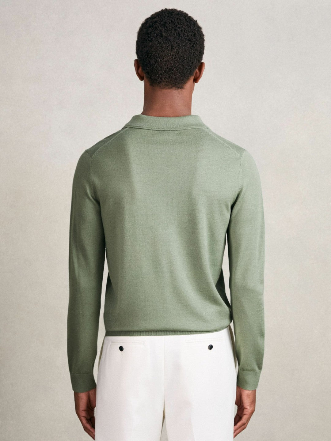 Merino Wool Long-Sleeve Polo Shirt in Harper Green Men | Reiss