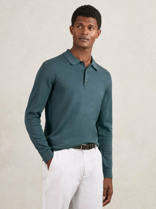Merino Wool Long-Sleeve Polo Shirt in Orion Blue Men | Reiss