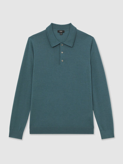 Merino Wool Long-Sleeve Polo Shirt in Orion Blue Men | Reiss