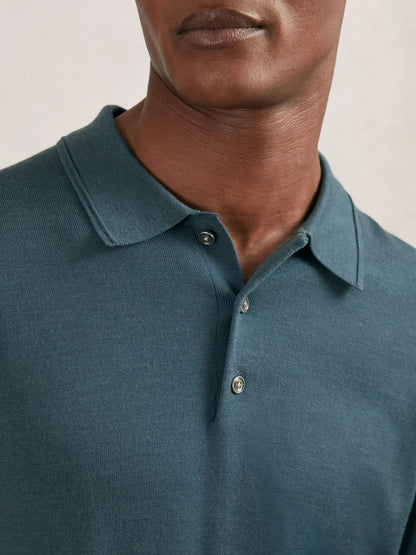 Merino Wool Long-Sleeve Polo Shirt in Orion Blue Men | Reiss