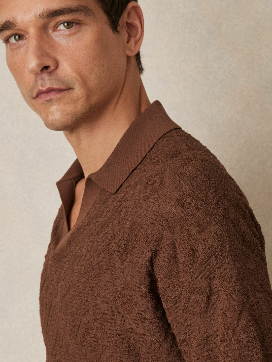 Jacquard Loop-Stitch Polo Shirt in Tobacco Men | Reiss