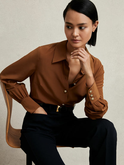 Silk Embossed-Button Shirt in Tan Brown Women | Reiss