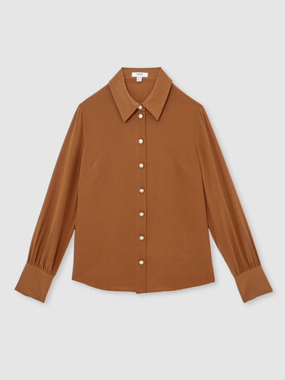 Silk Embossed-Button Shirt in Tan Brown Women | Reiss
