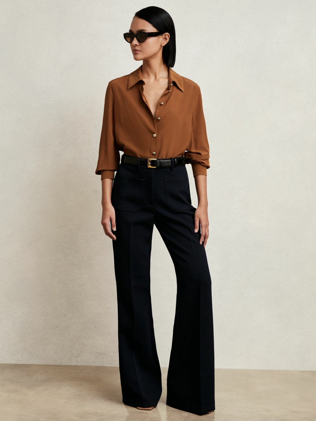 Silk Embossed-Button Shirt in Tan Brown Women | Reiss