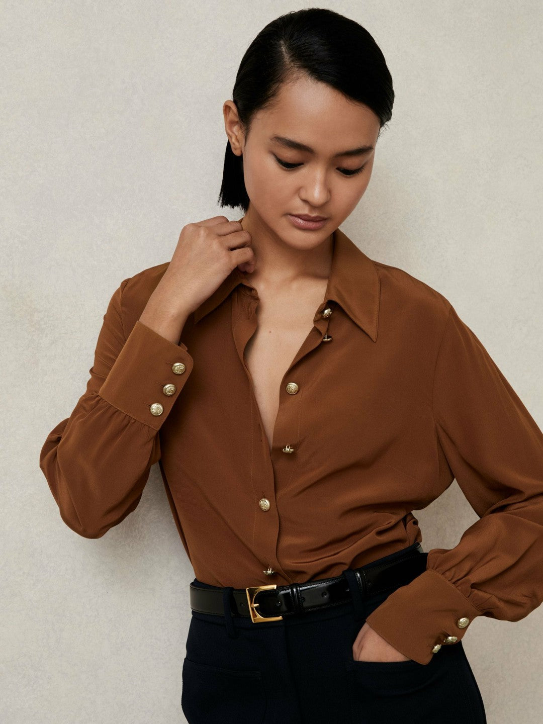 Silk Embossed-Button Shirt in Tan Brown Women | Reiss