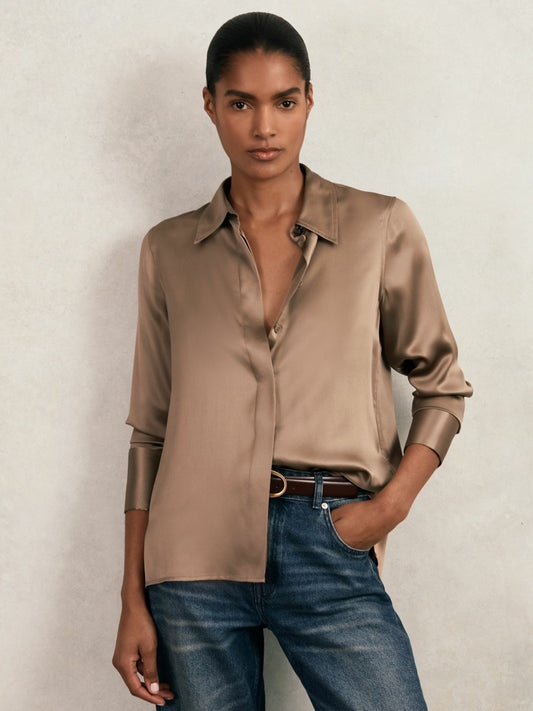 Silk-Satin Concealed-Placket Shirt in Taupe Brown Women | Reiss