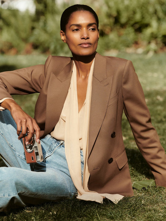 Petite Wool-Blend Double-Breasted Suit Blazer in Tan Women | Reiss