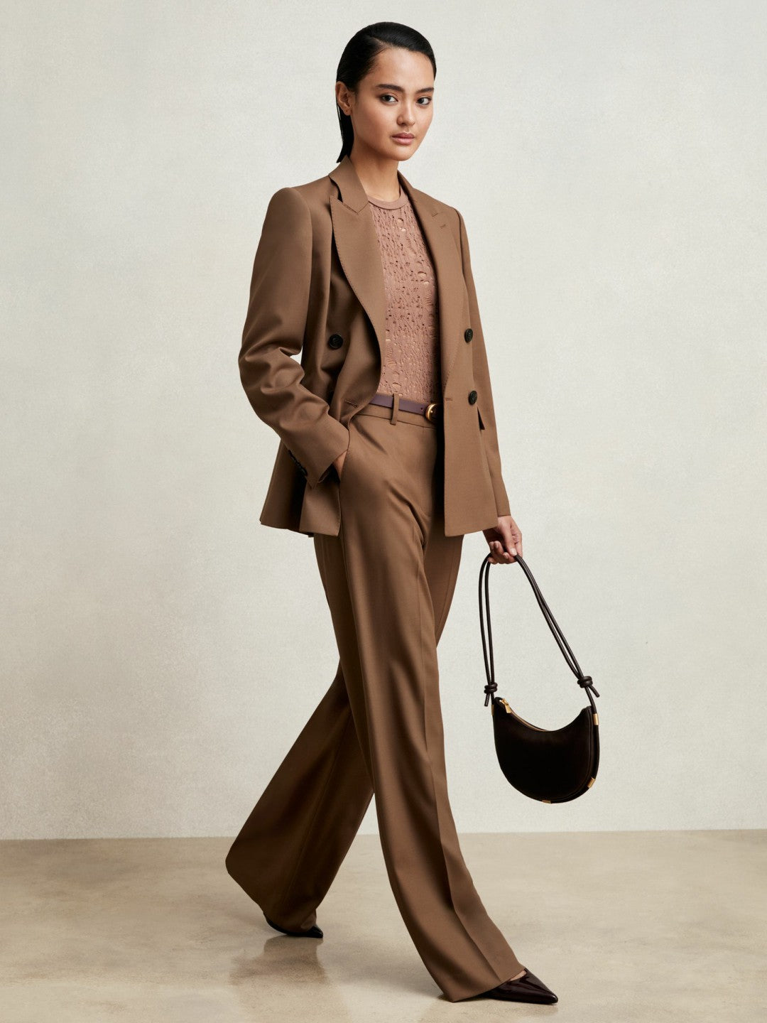 Petite Wool-Blend Double-Breasted Suit Blazer in Tan Women | Reiss