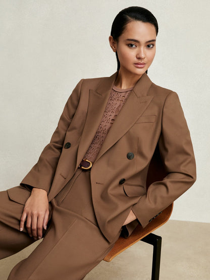 Petite Wool-Blend Double-Breasted Suit Blazer in Tan Women | Reiss