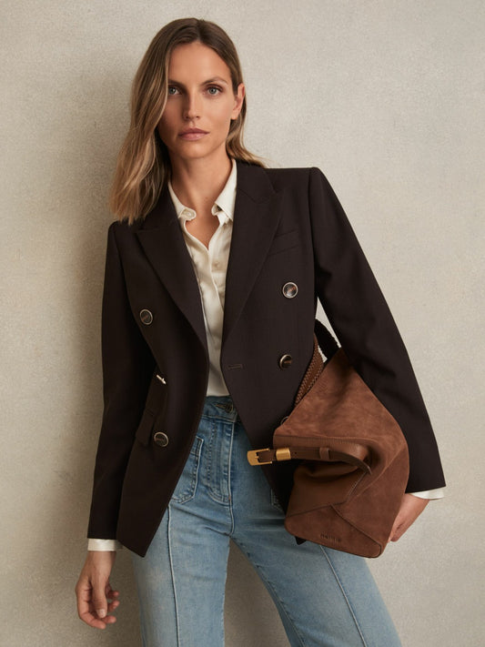 Wool-Blend Double-Breasted Blazer in Chocolate Brown Women | Reiss