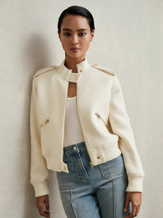 Brushed Wool Epaulette Bomber Jacket in Cream Women | Reiss