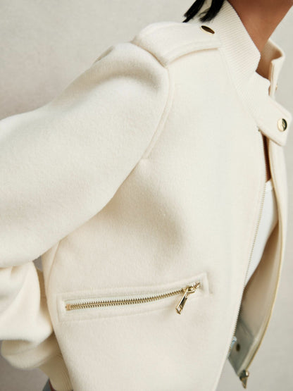Brushed Wool Epaulette Bomber Jacket in Cream Women | Reiss