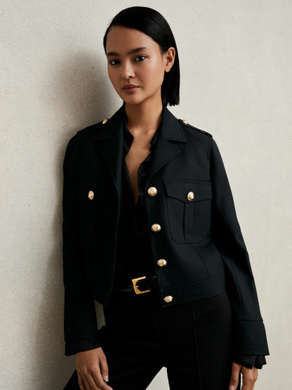 Wool Twin-Pocket Cropped Jacket in Black Women | Reiss