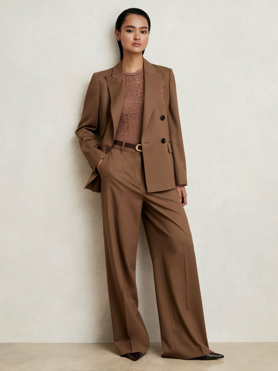 Wool-Blend Double-Breasted Suit Blazer in Tan Women | Reiss