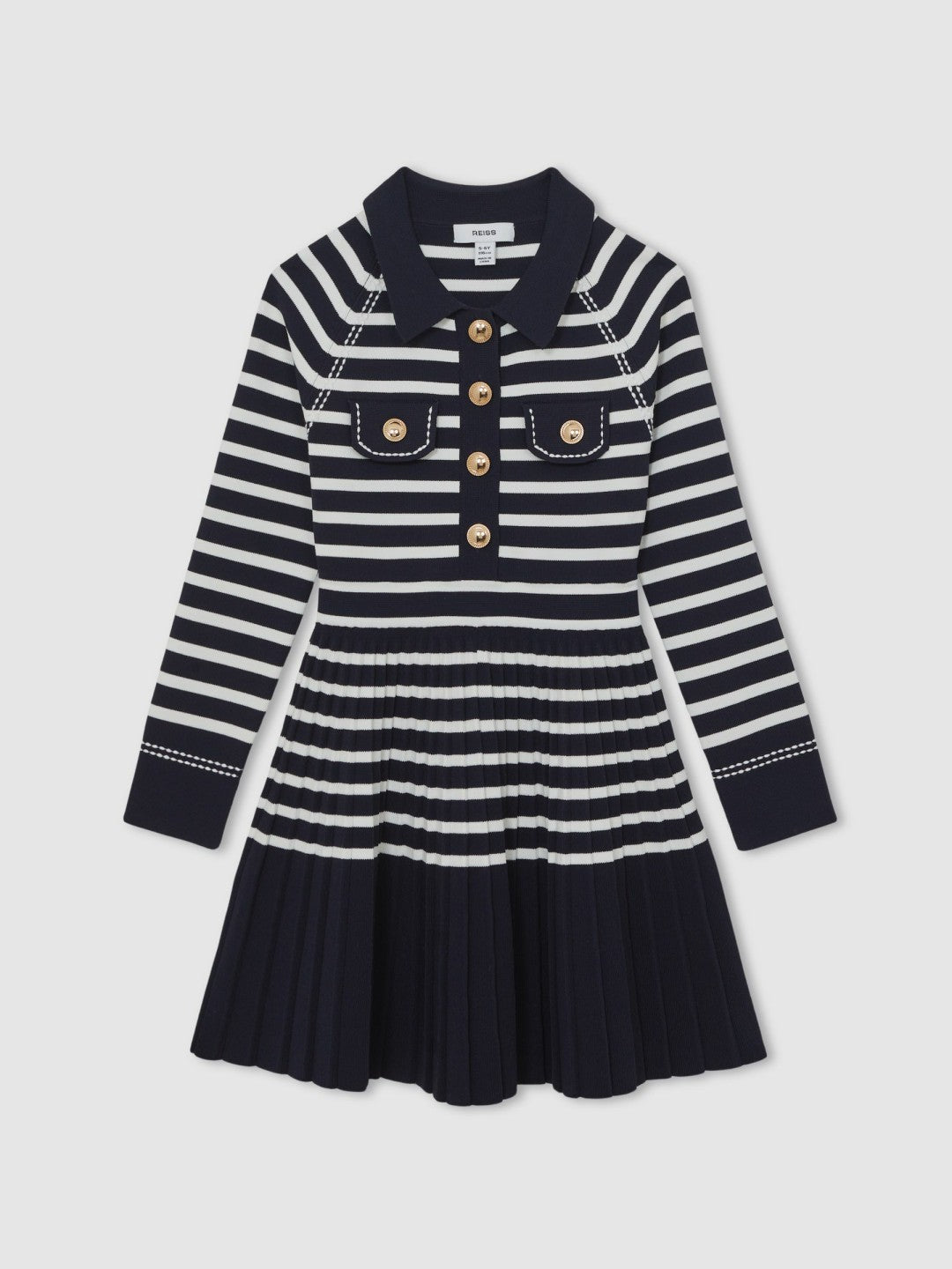 13-14 yrs Button-Detail Stripe Knitted Dress in Navy/White Children & Baby | Reiss