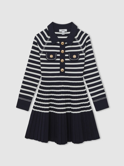 13-14 yrs Button-Detail Stripe Knitted Dress in Navy/White Children & Baby | Reiss