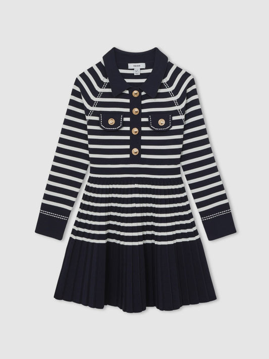 13-14 yrs Button-Detail Stripe Knitted Dress in Navy/White Children & Baby | Reiss