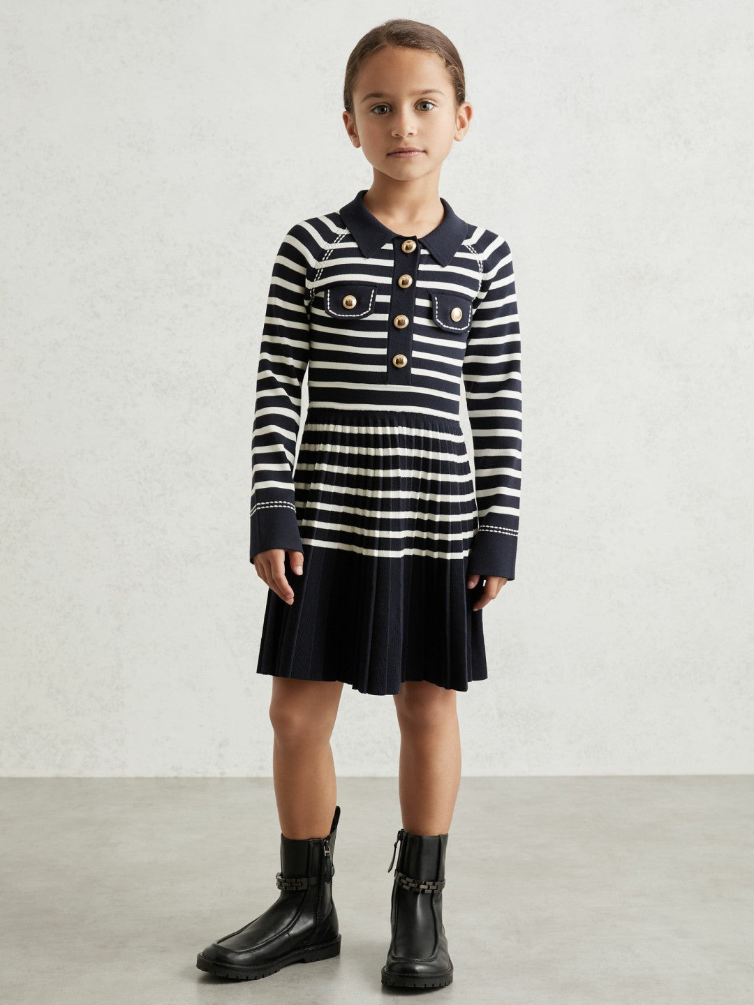 13-14 yrs Button-Detail Stripe Knitted Dress in Navy/White Children & Baby | Reiss