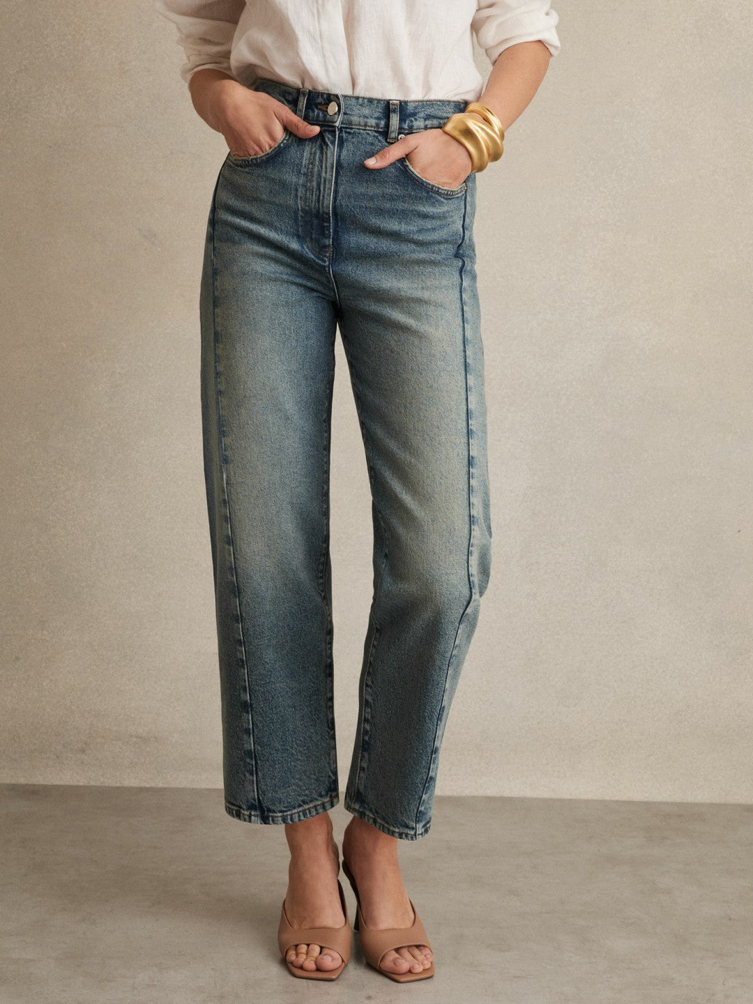 Petite Barrel-Leg Seam Jeans in Mid Blue Women | Reiss