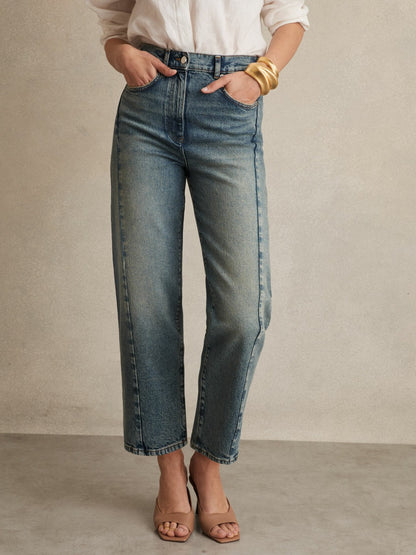 Petite Barrel-Leg Seam Jeans in Mid Blue Women | Reiss