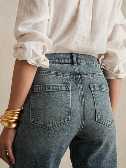 Petite Barrel-Leg Seam Jeans in Mid Blue Women | Reiss