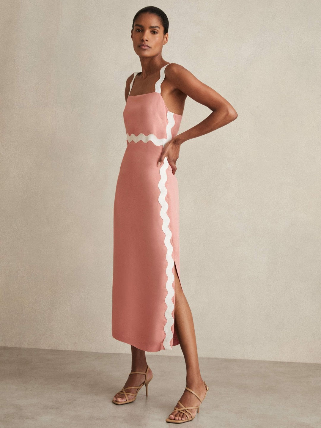 Wave-Trim Crepe Midi Dress in Pink Women | Reiss
