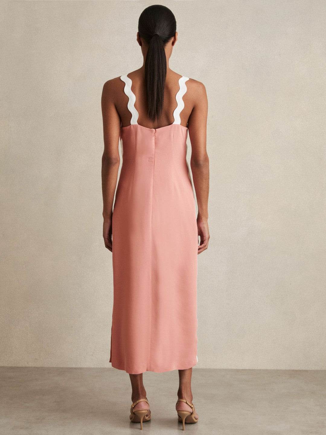 Wave-Trim Crepe Midi Dress in Pink Women | Reiss