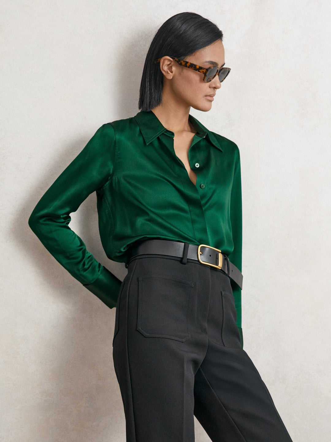 Silk-Satin Concealed-Placket Shirt in Green Women | Reiss