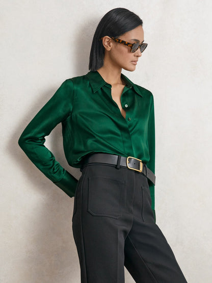 Silk-Satin Concealed-Placket Shirt in Green Women | Reiss