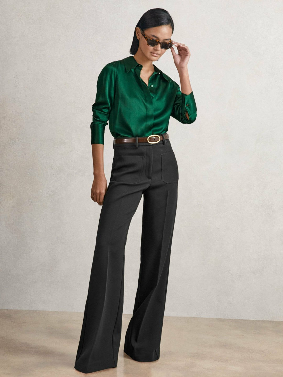 Silk-Satin Concealed-Placket Shirt in Green Women | Reiss