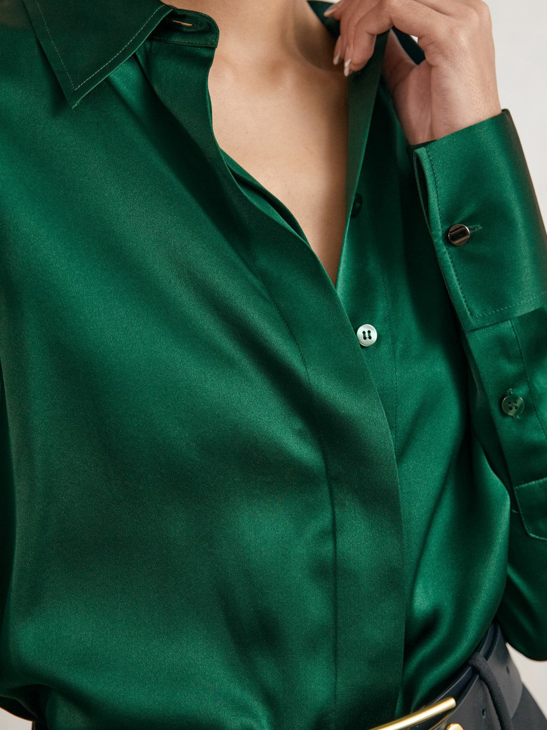 Silk-Satin Concealed-Placket Shirt in Green Women | Reiss