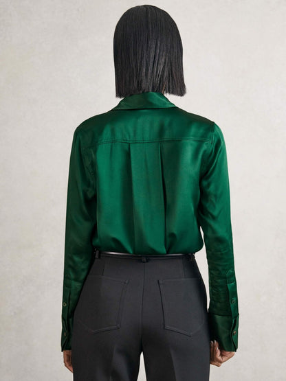 Silk-Satin Concealed-Placket Shirt in Green Women | Reiss