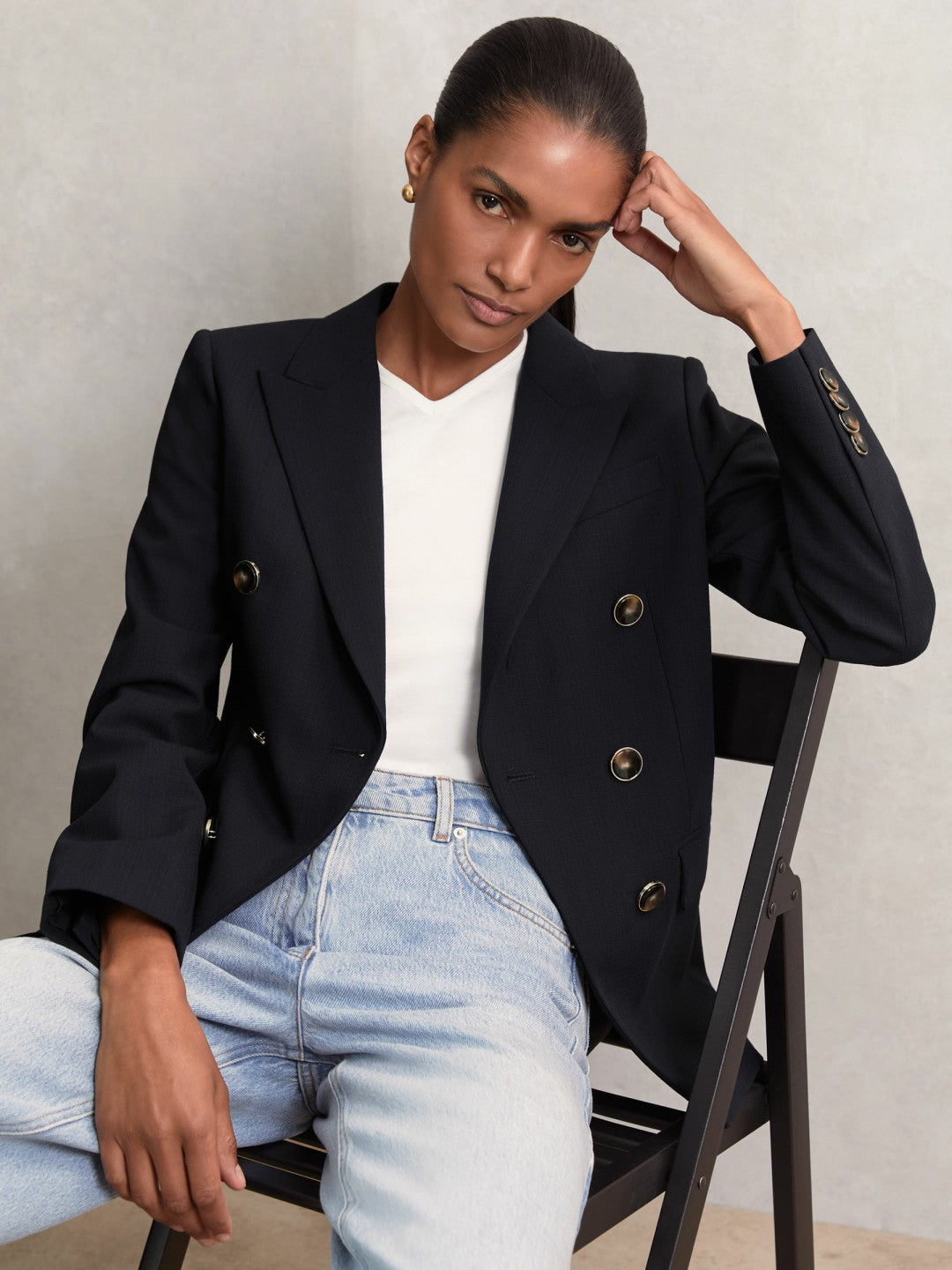 Petite Wool-Blend Double-Breasted Blazer in Navy Women | Reiss