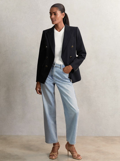 Petite Wool-Blend Double-Breasted Blazer in Navy Women | Reiss