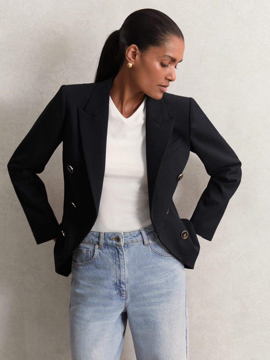 Petite Wool-Blend Double-Breasted Blazer in Navy Women | Reiss