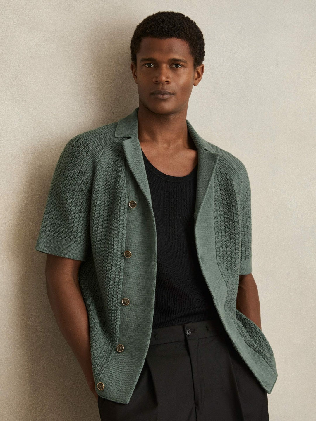 Cotton Textured-Knit Cuban-Collar Shirt in Pine Green Men | Reiss