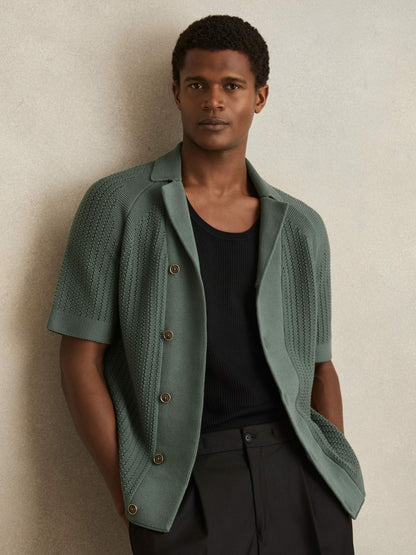 Cotton Textured-Knit Cuban-Collar Shirt in Pine Green Men | Reiss
